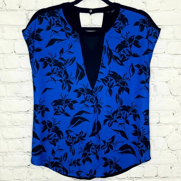 RW&co black and blue floral top with mesh panel